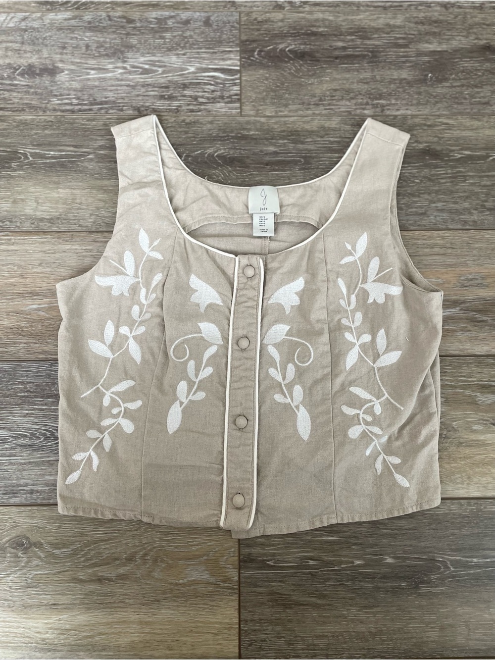 NWOT Joie Taupe Cropped Vest with White Floral Embroidery